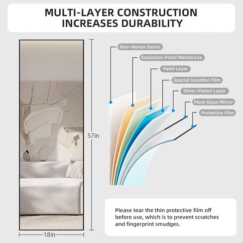 مرآة أرضية Hasipu مقاس 57 بوصة × 16 بوصة كاملة الطول، قائمة بذاتها أو تميل على مرآة الحائط مرآة كاملة للجسم مع حامل لغرفة النوم وغرفة المعيشة in Kuwait