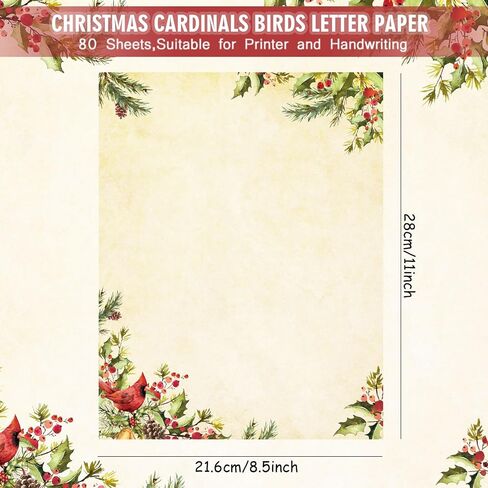 80 Sheet Christmas Stationery Paper Xmas Cardinal Bird & Holly Letter Writing Paper for Greeting Card Invitation Office Printing, 8.5 x 11 Inch, Double-Sided in Saudi Arabia