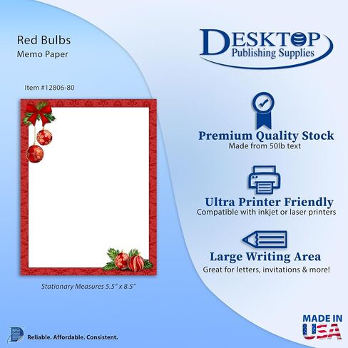 Red Bulbs Christmas Stationery Memo Paper - 80 Sheets of Half Sized (5 1/2" x 8 1/2") Christmas Letterhead for Winter & Holiday Events in Saudi Arabia
