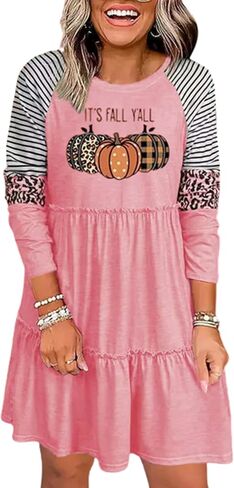 Thanksgiving It's Fall Y'all Leopard Plaid Pumpkin Ruffled Mini Dress Casual Long Sleeve Funny Print Women Dress in Saudi Arabia