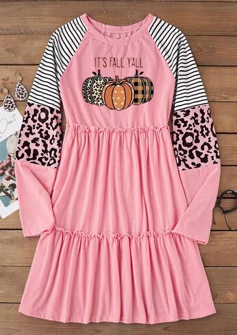 Thanksgiving It's Fall Y'all Leopard Plaid Pumpkin Ruffled Mini Dress Casual Long Sleeve Funny Print Women Dress in Saudi Arabia
