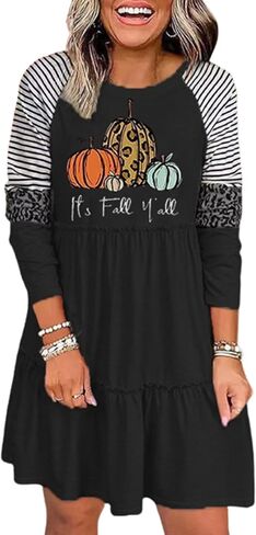 Thanksgiving It's Fall Y'all Leopard Plaid Pumpkin Ruffled Mini Dress Casual Long Sleeve Funny Print Women Dress in Saudi Arabia