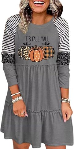 Thanksgiving It's Fall Y'all Leopard Plaid Pumpkin Ruffled Mini Dress Casual Long Sleeve Funny Print Women Dress in Saudi Arabia