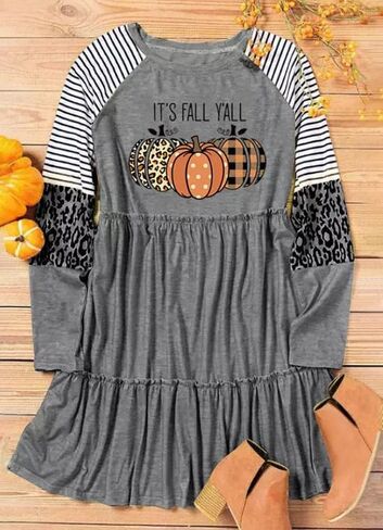 Thanksgiving It's Fall Y'all Leopard Plaid Pumpkin Ruffled Mini Dress Casual Long Sleeve Funny Print Women Dress in Saudi Arabia