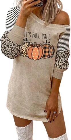 Thanksgiving It's Fall Y'all Leopard Plaid Pumpkin Ruffled Mini Dress Casual Long Sleeve Funny Print Women Dress in Saudi Arabia
