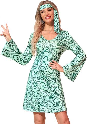 Clarisbelle Women's Halloween 7 Pcs Disco Dress Sequin 70's Dance Costume Outfit with Sunglasses Headband in Kuwait