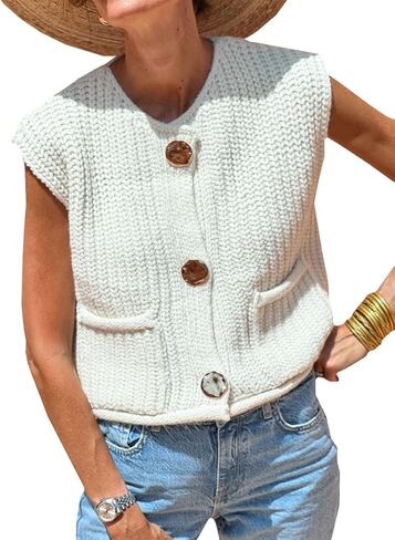 Women's Casual Knit Vest Sleeveless Cropped Sweater Vest Crochet V Neck Cardigan Top with Pockets Sweaters Vest in Saudi Arabia