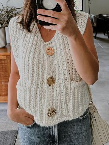 Women's Casual Knit Vest Sleeveless Cropped Sweater Vest Crochet V Neck Cardigan Top with Pockets Sweaters Vest in Saudi Arabia