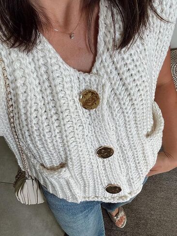 Women's Casual Knit Vest Sleeveless Cropped Sweater Vest Crochet V Neck Cardigan Top with Pockets Sweaters Vest in Saudi Arabia