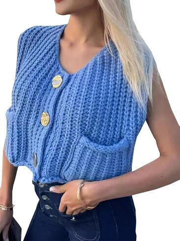 Women's Casual Knit Vest Sleeveless Cropped Sweater Vest Crochet V Neck Cardigan Top with Pockets Sweaters Vest in Saudi Arabia