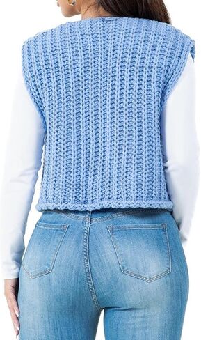 Women's Casual Knit Vest Sleeveless Cropped Sweater Vest Crochet V Neck Cardigan Top with Pockets Sweaters Vest in Saudi Arabia