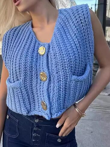 Women's Casual Knit Vest Sleeveless Cropped Sweater Vest Crochet V Neck Cardigan Top with Pockets Sweaters Vest in Saudi Arabia
