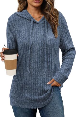 Lylinan Womens Soft Ribbed Knit Hoodie Sweaters Long Sleeve Pullover Shirts Lightweight Cozy Fall Tops in Saudi Arabia