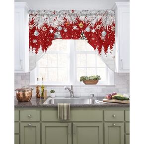 Winter Xmas Swag Kitchen Curtain Sets with Valance,3 Pieces Rod Pocket Curtain Drapes for Bedroom Living Room Bathroom Windows,Christmas Snowman Pine Tree Plaid Red 56''x36'' & 24''x27.5''x2Panels