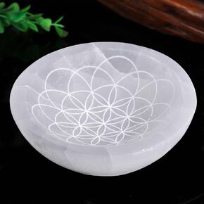 JIC Gem Etched Selenite Bowl Moroccan Selenite Healing Crystal Charging Plate Round Engraved Mandala 4 Inch