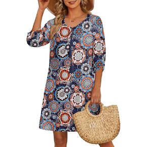 HOTOUCH Women Casual Beach Summer Dress Boho Tassel Tie Neck 3/4 Long Sleeve Short Floral Print Flowy Cover Up Sundresses