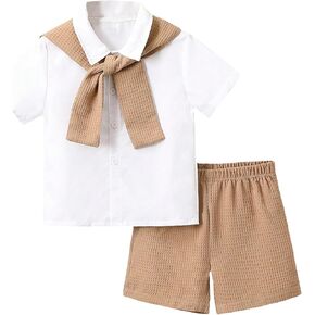 SweatyRocks Boy's 2 Piece Outfits Short Sleeve Button Down Shirt and Waffle Knit Shorts Set with Shawl