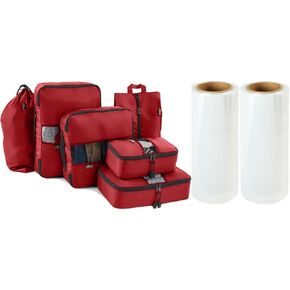 Gorilla Grip Packing Cubes Set of 6 and Plastic Stretch Film Roll Set of 2, Packing Cubes have Mesh Window and Zipper in Red, Shrink Wrap Rolls are Industrial Strength in Clear, 2 Item Bundle