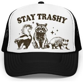 Stay Trashy Funny Raccoon Graphic Classic 5 Panel Mesh Snap Back Trucker Hat