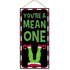 12" - "You're A Mean One" Wooden Christmas Monster Wall Door Hanger Sign Wreath Decoration for Holiday Crafts (Red, Lime Green, Black, White)