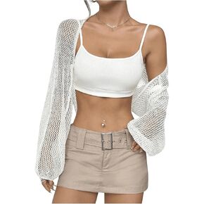 OYOANGLE Women's Mesh Long Sleeve Open Front Knit Shrug Sweater Lightweight Cropped Cardigans