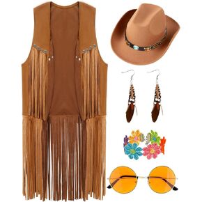 6 PCS Cowgirl Outfits Set for Women with Cowgirl Vest Cowboy Hat Turquoise Trim Bracelet Sunglasses for Halloween