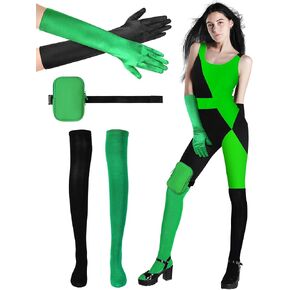 3 Pcs Halloween Costume Accessory, Including Long Black and Green Opera Gloves, Two Toned Green and Black Thigh High Sockings with Leg Bag for Women Adults Costume Cosplay Party Accessories