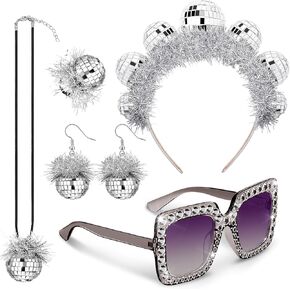 5 Pcs 1970s Disco Accessories Women Costume Disco Set Disco Ball Earrings Headband Ring and Sunglasses and Other Accessories (Fresh Style)