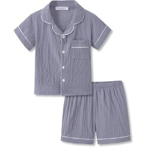 Topgal Toddler Button-Down Textured Crinkle Style Pajamas for Unisex Kids 2PC Set Short Sleeve Lovely PJS Size 2T-5T