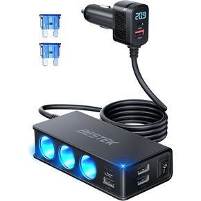 BESTEK Cigarette Lighter Splitter Adapter: 9 in 1 Car Charger 148W 3-Socket PD 30W and QC3.0 18W Charging Ports LED Display Super Fast Charger for 12V/24V
