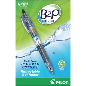 PilotBottle to Pen B2P Retractable Gel Pens, Fine Point, 0.7 mm, 89% Recycled, Translucent Barrel, Black Ink, Pack Of 12