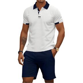 Men's 2 Piece Outfits Color Block Half Button Collared Golf Shirts and Elastic Waist Track Shorts Set