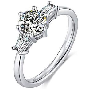TwoBirch Platinum Plated 925 Sterling Silver 1 CT Round Moissanite Engagement Ring with Cubic Zirconia Baguette Side Stones (Sizes 5 to 9)