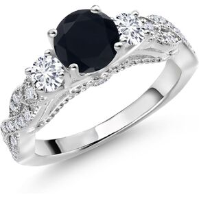 Gem Stone King 925 Sterling Silver Black Onyx White Lab Grown Diamond and White Moissanite Engagement Ring For Women (1.27 Cttw, Gemstone December Birthstone, Round 6MM and 3MM)