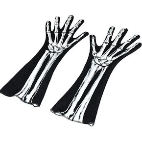 2 Pairs Women's Black Skeleteen Bone Hand Skeleton Gloves Halloween Fingerless Long Sleeve Knitted Warmer Wrist Bone Gloves Goth Accessories for girls (Men Wrist Bone, 14inches)