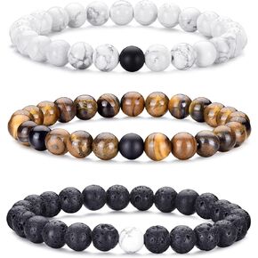 PRETOLE Mens Beaded Bracelets,Tiger Eye Bracelet Men Natural Stone Bracelets Elastic Black Bead Bracelets Adjustable Lava Rock Bracelet Black Beaded Bracelet for Men Gifts