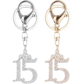 LUOZZY 2Pcs Rhinestone Number Keychain Sparkling 15 Key Ring 15 Number Charm Fashionable Key Pendant for Backpack Purse Hanging - Gold + Silver