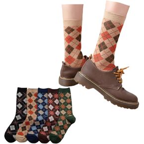 Argyle Socks Retro High Ankle Women Cotton 5 Pairs Double-Needle Double-Layer British Style