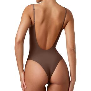 Queerier Women’s Bodysuits Sexy Trendy Open Back V Neck Spaghetti Strap Backless Trendy Cami Thong Bodysuit Tops