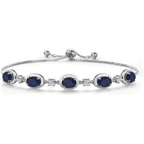 Gem Stone King 925 Sterling Silver Blue Sapphire Bracelet For Women | 5.00 Cttw | Gemstone September Birthstone | Oval 7X5MM | Fully Adjustable 9 Inch