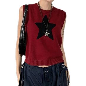 Women Y2K Five-Pointed Star Print Jacquard Crew Cropped Knit Sleeveless Pullover Vest Sweater Retro Crochet Streetwear