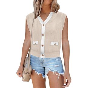 Sweaters Vest Tops for Women 2024 Fall Button Down Cardigans Business Casual Outfits Knit Work Short Sleeve Sweater Shirt