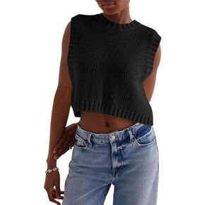 Y2K Women Backless Tie Up Knit Crop Sweater Vest Sleeveless Round Neck Split Open Back Pullover Fall Tank Tops