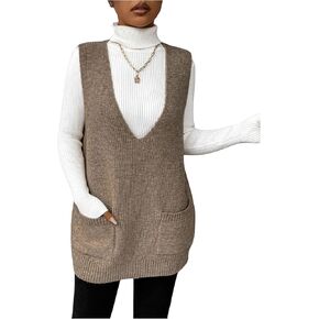 SHENHE Women's Deep V Neck Long Sweater Vest Casual Loose Knit Tunic Pullover with Pockets