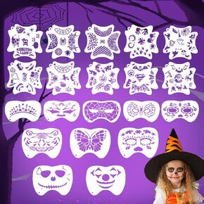 20 Pcs Halloween Face Paint Stencils, Reusable Face Painting Stencils Body Painting Stencils Tattoo Painting Templates for Kids Holiday Party Halloween Makeup Body Art Painting