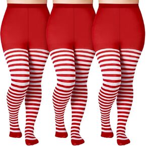 Suhine 3 Pairs Plus Size Christmas Striped Tights High Stocking Full Length Tights Stripe Stockings Spandex Tights for Xmas