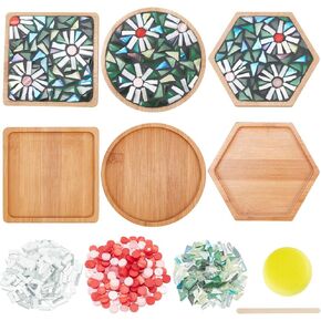 WEBEEDY 3 أنماط DIY مجموعة أدوات الفسيفساء المصنوعة من الخيزران على شكل زهرة الفسيفساء للبالغين المبتدئين، قطع بلاط الفسيفساء الزجاجي الأخضر مع صينية قاعدة فارغة للديكور المنزلي الفني المصنوع يدويًا