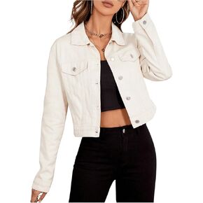 Floerns Women's Button Down Long Sleeve Denim Jacket Collar Flap Pocket Crop Jacket Coat