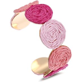 Raffia Multiple Circles Cuff Bracelet for Women, Handmade Colorful Round Bangle Geometric Adjustable Statement Bracelet