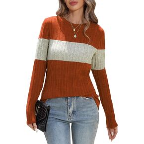 Women Long Sleeve Blouses Colorblock Pullover Sweaters Round Neck Striped Slim Fit Tops